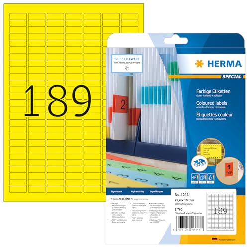 HERMA 4243 Farbige Etiketten gelb ablösbar, 20 Blatt, 25,4 x 10 mm, 189 pro A4 Bogen, 3780 Stück, selbstklebend, bedruckbar, matt, blanko Papier Farbetiketten Aufkleber