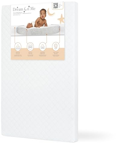 Dream On Me Holly 2-in-1 Mini Crib Mattress, Dual-Sided Infant & Toddler, Waterproof Cover, GREENGUARD Gold Certified, 38” x 24” x 3”, Fits Mini & Select Portable Cribs, Not for Playards