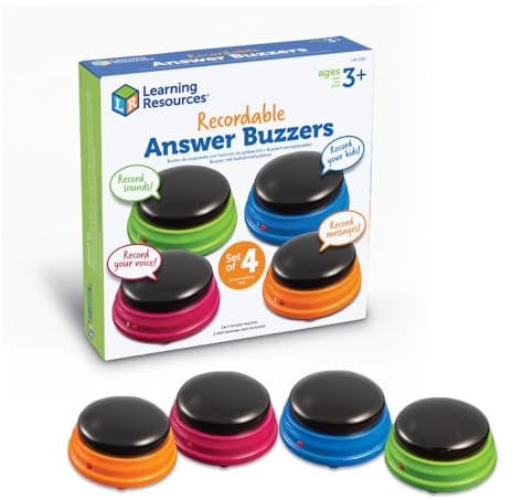 Learning Resources LER3769 Botones de Respuesta grabables, Paquete de 4 (el Embalaje Exterior Puede Variar), pulsadores de Colores, Juegos Infantiles, Material Profesor