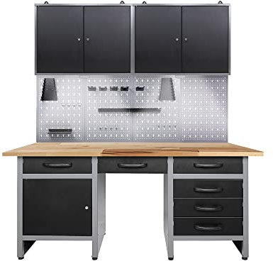 Ondis24 Werkstatteinrichtung mit LED Beleuchtung, 160 cm breit, Werkbank, Werkzeugschrank, Werkzeugwand