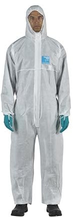 Ansell AlphaTec 1500 Model 111, Disposable Work Overall with Hood, Chemical Protection Type 5/6, Water Repellent Coverall Suit, Industrial Safety Workwear, Men Women, White, Size M (1 Unit)
