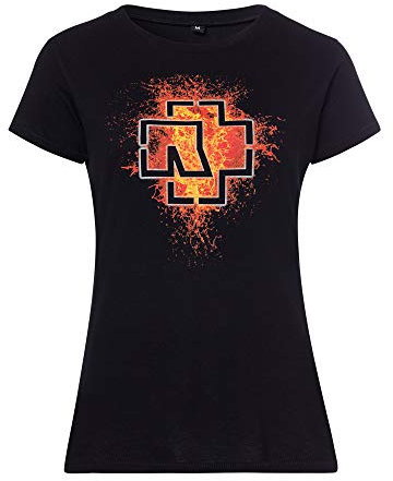 Rammstein Damen T-Shirt Lava Logo Offizielles Band Merchandise Fan Shirt schwarz mit mehrfarbigem Front und Back Print -L