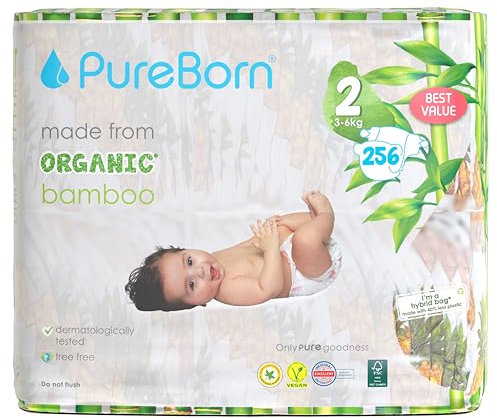 PureBorn 256 Windeln Größe 2 (3-6 kg) – Ultra-Saugfähig, Hypoallergen, Weich & Sanft für Babys (2-4 Monate) – Dermatologisch Getestet, Auslaufsicher, Umweltfreundlich aus Bambus