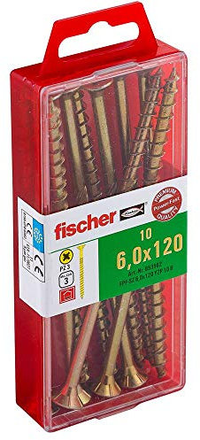 fischer Power-Fast FPF-SZ 5, 0 x 60 Yzp 10 B - Spanplattenschrauben mit Senkkopf und Teilgewinde, zur Befestigungen von Tragenden Bauteilen in Holz, Gelbverzinkt - 10 Stück - Art.-Nr. 653970