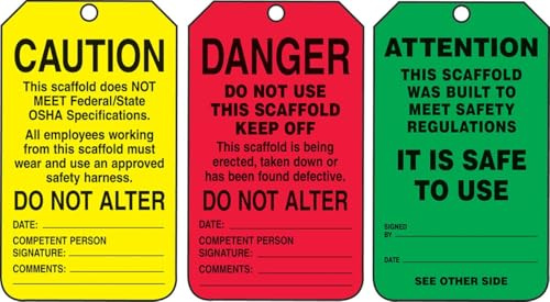 Accuform TSS200CTP PF-Cardstock Scaffold Status Tag, Legend DANGER/CAUTION/ATTENTION, 5.75 Length x 3.25 Width x 0.010 Thickness, Black on Green/Yellow/Red (Pack of 25)