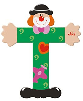 SEVI 81756 Holzbuchstabe T Clown ca. 10 cm, Türbuchstaben für Kinderzimmer, ABC Alphabet Lernspielzeug aus Holz, pädagogisches Spielzeug für Kinder ab 3 Jahren, Buchstabe Clowns, Grün