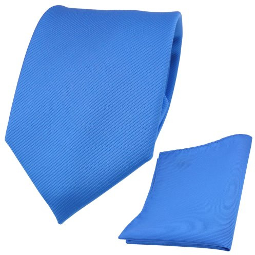TigerTie Designer Krawatte + Einstecktuch blau himmelblau hellblau Uni Rips - Binder Tuch