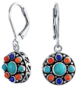 Südwestlicher Stil Multi-Stein Lapis Türkis Orange Koralle Medaillon Ohrhänger für Frauen Oxidiertes .925 Sterlingsilber Klappverschluss.