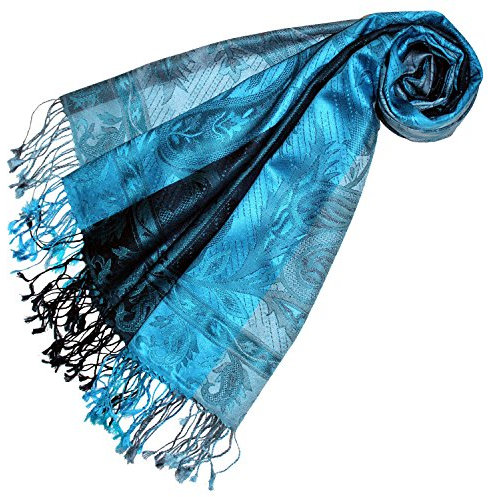 Lorenzo Cana Luxus Pashmina Damenschal Schaltuch jacquardgewebt 100% Seide 70 cm x 190 cm Paisleymuster tuerkis blau Seidenschal Seidentuch Seidenpashmina harmonische Farben 78174