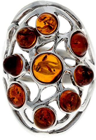SilverAmber Jewellery UK - 925 Sterling Silver set Genuine Multistone Cognac Baltic Amber Large Adjustable Ring - 7356A
