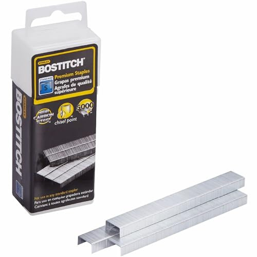 Bostitch Office Premium Standard Staples in Clear Plastic Box, 1/4 Inch Leg, Reduced Jamming, 5,000 Per Box (SB10)
