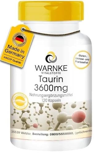 Taurin Kapseln - 3600mg Taurin pro Tagesdosis - 120 Kapseln - hochdosiert - vegan | Warnke Vitalstoffe - Deutsche Apothekenqualität