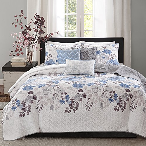 Madison Park Modern Floral Coverlet Breathable Blue King Quilt Set, 6pc
