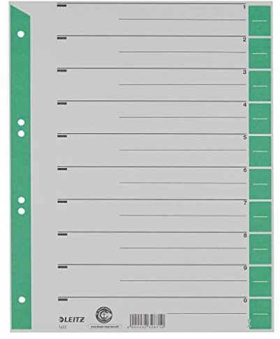 Leitz Register für A4, Deckblatt und 10 Trennblätter, Taben individuell zuschneidbar, 25 Stück, Überbreite, Grau/Grün, 100% Recyclingkarton, 16523055
