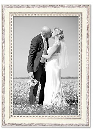 Bilderrahmen Shabby-Chic Landhaus-Stil Weiss 20x30 cm Massivholz mit Glasscheibe und Zubehör/Fotorahmen