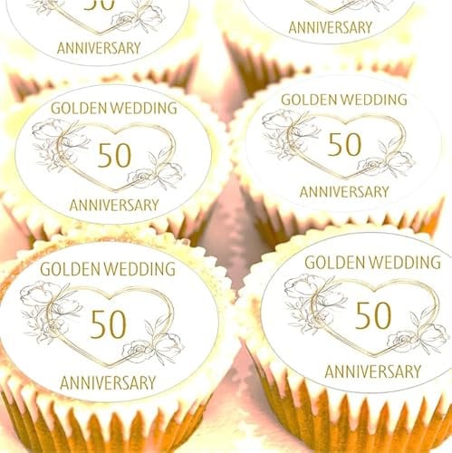 Golden Wedding Cupcake Toppers - 50th Anniversary Cake Decorations - Edible Icing or Edible Wafer - 4cm x 24 (4.5cm x 24 Wafer)