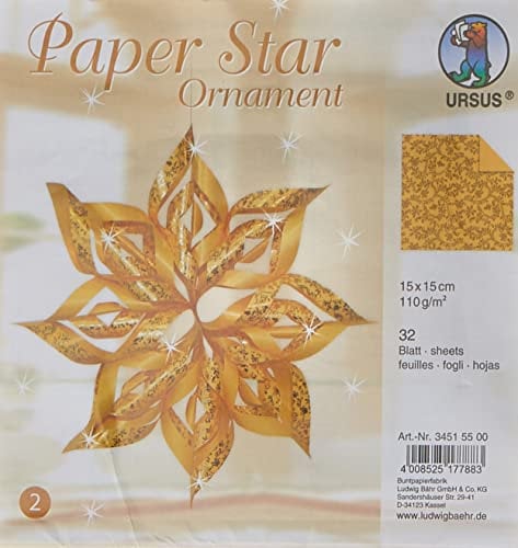 Ursus 34515500 - Paper Star Ornament 2, gold, 32 Blatt, ca. 15 x 15cm, 110 g/qm, vorgestanztes, hochwertiges Bastelpapier mit edlem Perleffekt, folienveredelt, einseitig bedruckt