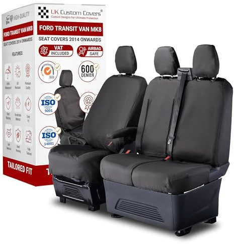 To Fit Ford Transit Van MK8/MK9 Seat Covers 2014 On Front Set | Waterproof & Heavy Duty, Airbag Compatible, Easy To Fit - Driver & Double Passenger With Tray Black