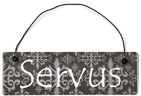 Deko Shabby Chic Schild Servus Vintage Holz Türschild in anthrazit mit Draht