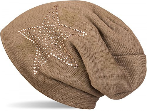 styleBREAKER warme Feinstrick Beanie Mütze mit All Over Stern Muster, Strass Stern und sehr weichem Fleece Innenfutter, Unisex 04024084, Farbe:Braun