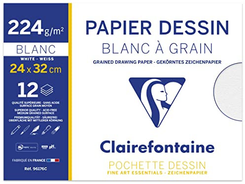 Clairefontaine 96176C Mappe Zeichenpapier (224 g, 24 x 32 cm, 12 Bögen, ideal für Kunstunterricht, geleimt) weiß