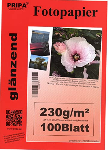 pripa 100 Blatt Fotopapier A4, 230g /qm, high –glossy -sofort trocken –wasserfest - hochweiß-sehr hohe Farbbrillianz, fuer InkJet-Tinten- Drucker