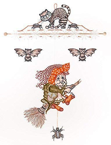 Fensterbild Windspiel Hexe farbig 24 x 31 cm aus Plauener Spitze Fensterdeko Fensterschmuck Bilder Handarbeit Deko Fenster