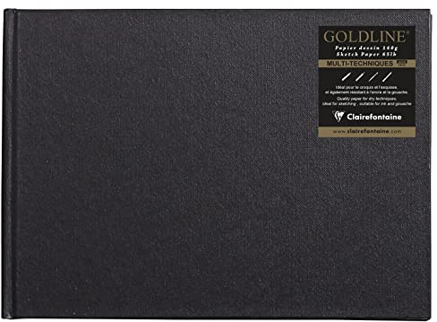 Clairefontaine 34246C Carnet Cousu Goldline - 64 Feuilles Papier Dessin Blanc - A5 14,8x21 cm 140g - Format Paysage - Couverture Rigide Noire Imitation Toile