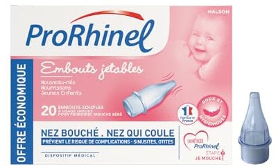Prorhinel Embouts Jetables Mouche Bébé Manuel x20, Embouts Souples, Pour Nez Bouché et Ecoulement Nasal, Doux Hygiénique, Fabriqué en France