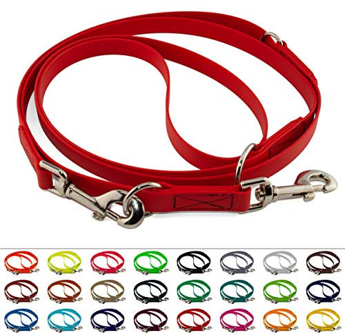 Mehrfach verstellbare BioThane Führleine, 19mm breit, 5m lang, Rot, genäht, Doppelleine