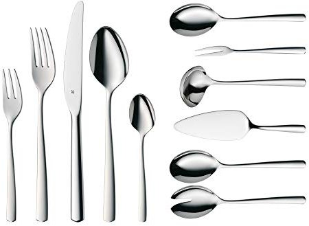 WMF Boston Besteckset 12 Personen, 66 teilig, 60 Teile mit Servierbesteck, Monobloc-Messer, Cromargan Edelstahl poliert, glänzend, spülmaschinenfest
