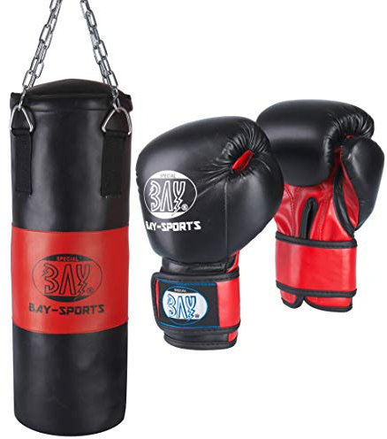 BAY® BOXSET Kidsset für TEENS 9 Kilo gefüllt 85x28 cm, Box-Set Sandsack Boxsack + Boxhandschuhe, Kinder Kids Junior Teens, schwarz/rot, fertig + Stahlkette, Box Set Kids Set Kinderset Boxen Box Handschuhe