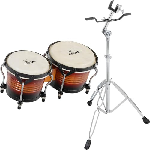 XDrum Bongos Pro Vintage Sunburst Set inkl. Ständer, Bongogrößen: 6 | 2 Trommeln (macho und hembra), 5 (17 cm) und 7, 5 (20 cm), Naturfelle, Holz: Birke, Verchromte Spannschrauben, 2 kg