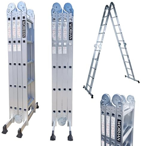 WORHAN Échelle de 5.7m Aluminium Multifonction Modèle de Grosse CHARNIÈRE Polyvalente Escabeau Échafaudage Multi-Usage ALU Modulable Pliable KS5.7