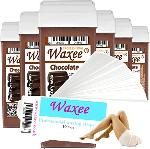 6x 100ml Roller ROLL ON WAX CARTRIDGE + 100 strips Body & Leg Waxee NEW FORMULA (Chocolate)