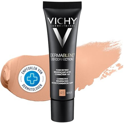 Vichy Dermablend [3D Correction], Teintkorrigierendes Make-up, Foundation bei unreiner und zu Akne neigender Haut, Ohne Maskeneffekt, Farbton: 45 gold, 30 ml