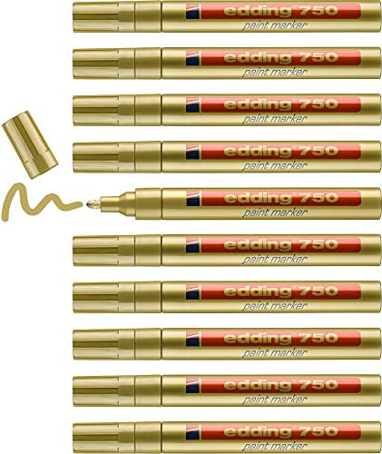 edding 750 paint marker - gold - 10 pens - round tip 2-4 mm - paint marker for marking and labelling metal, glass, rocks or plastic - heat-resistant, permanent, smudge-proof and waterproof