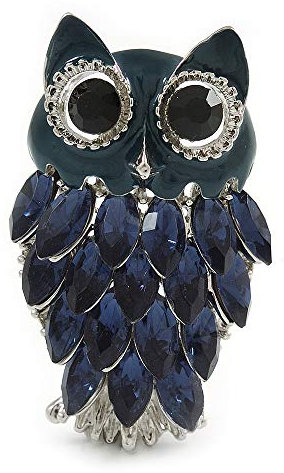 Broche en forme de hibou en émail bleu marine et strass plaqué rhodium – 5 cm de long, taille unique, émail, diamante