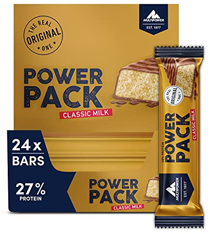 Multipower Power Pack Classic Milk Protein Riegel, Banane-Vanille, 24x35g | 28% Protein, Eiweißriegel, Gesunder Sport-Snack