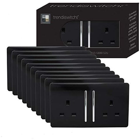 Trendi Switch 2 Gang Artistic Modern Glossy 13 Amp Electrical Long Switched Double Plug Socket Black x10