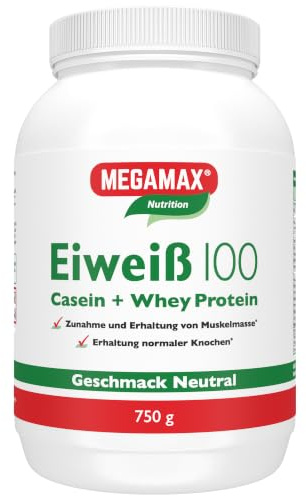 MEGAMAX Eiweiss 100. Geschmack Neutral. Inhalt: 750 g. Protein Pulver - mit Vitaminen, Magnesium und Calcium. Ideal für Sportler, Ernährungsbewusste und Diaet. Produktion in Deutschland.