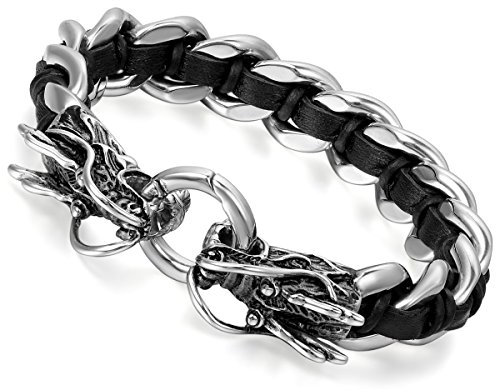 Flongo Edelstahl Leder Echtleder Armband Armreifen Manschette Silber Schwarz Doppel Doppelseitig Drachen Geflochten Motorradfahrer Biker Herren