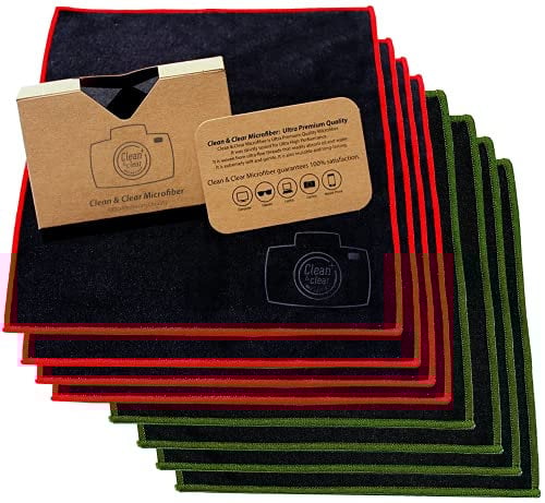 Clean & Clear Microfiber Lot de 8 Chiffons de Nettoyage Extra Larges en Microfibre pour Objectif d'appareil Photo, Lunettes, écrans et Tous Les objectifs