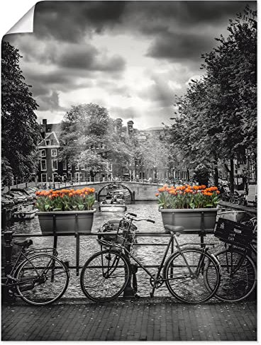 ARTLAND Wanddeko Poster & Kunstdrucke Wandposter 30 x 40 cm Amsterdam Schwarz Weiß Sonne Gracht Herengracht Bäume Blumen Tulpen Fahrad Q2ZK