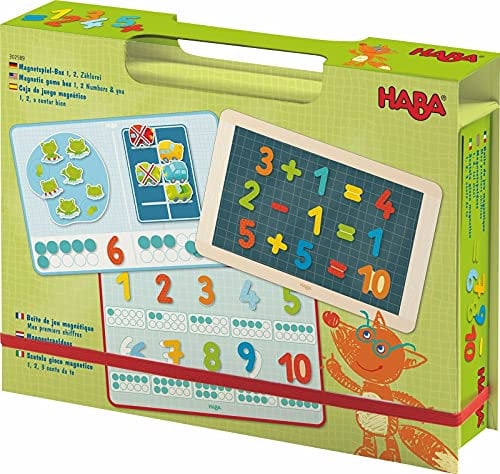 HABA 302589 - Magnetspiel-Box 1, 2, Zählerei, Fröhlich-buntes Zahlen-Legespiel ab 4 Jahren, Zum spielerischen Kennenlernen von Mengen und Lösen erster Rechenaufgaben