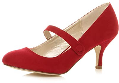 AJVANI Low mid Heel Mary Jane Strap Work Party Court Shoes Size 6 39 Red Suede