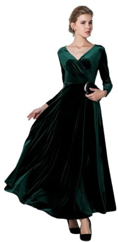 Damen Elegant V-Ausschnitt Langarm Samt Maxi Kleider Party A Linie Lang Abendkleider (S,Schwarz)
