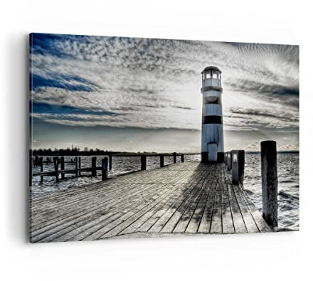 Bilder auf Leinwand 100x70cm Leinwandbild See Leuchtturm Holzbrücke Wasser Groß Wanddeko Bild Schlafzimmer Deko Wandbilder Dekoration Wohnzimmer Wall Decor Canvas Wand Kunstdruck Art AA100x70-0330