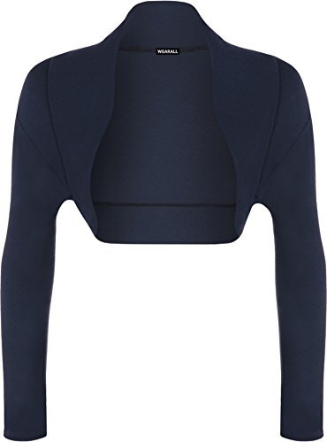 WearAll Womens Plus Size Plain Long Sleeve Cropped Ladies Shrug Bolero Cardigan Top - Navy Blue - 20/22