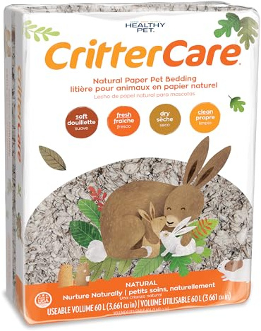 CritterCare Natural Paper Small Pet Bedding - Odor Control, Unscented, 99% Dust Free, Super Absorbent, Natural, 60L, Great for Guinea Pig Bedding, Rabbits, Hamsters, Gerbils, Mice, Rats